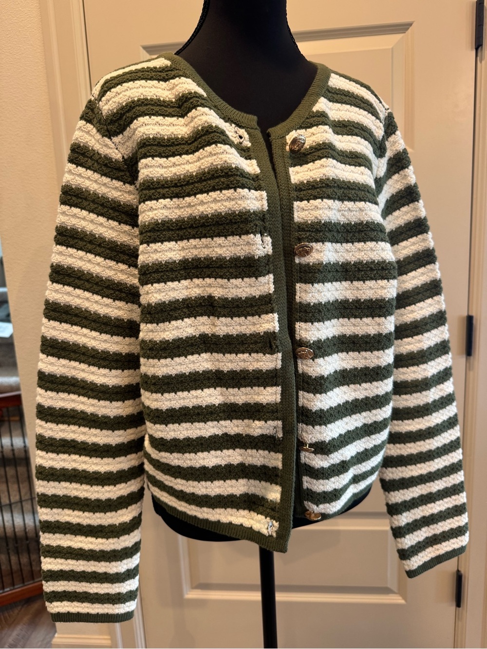 Lush Olive Green and White Striped Knit Cardigan